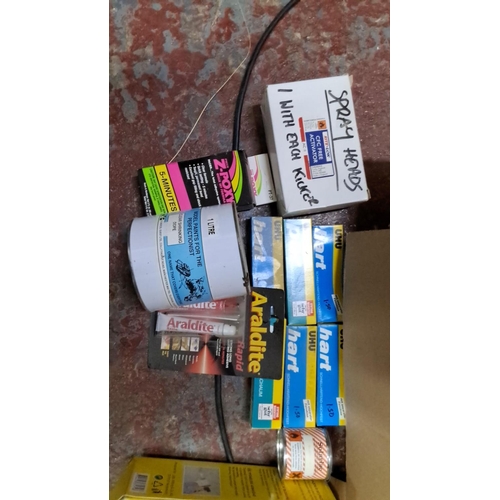 567 - Mixed lot of adhesives and supplies including UHU, Araldite, Devcon, and 2-part epoxy. Includes hot ... 