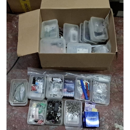 570 - Box of assorted electronic components and accessories, including cables, connectors, and fixings. Co... 