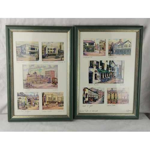 406 - Framed set of prints depict Belfast landmarks and pubs, including Whites Tavern and Crown Bar. Signe... 