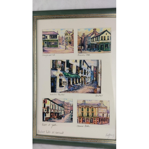 406 - Framed set of prints depict Belfast landmarks and pubs, including Whites Tavern and Crown Bar. Signe... 