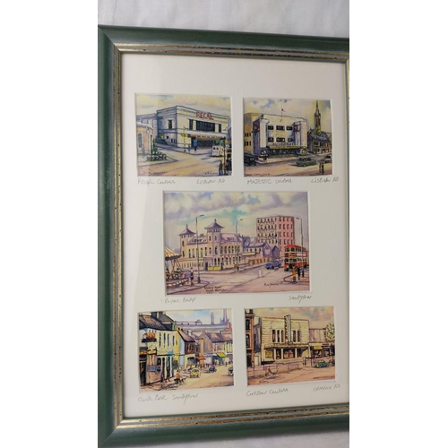 406 - Framed set of prints depict Belfast landmarks and pubs, including Whites Tavern and Crown Bar. Signe... 