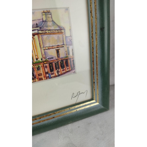 406 - Framed set of prints depict Belfast landmarks and pubs, including Whites Tavern and Crown Bar. Signe... 