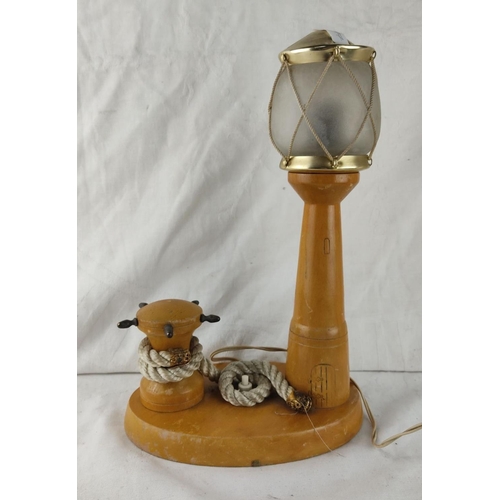 412 - Vintage wooden table lamp featuring frosted glass shade with rope detail.