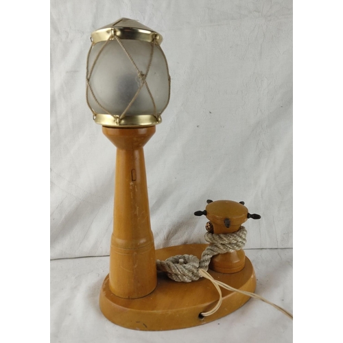 412 - Vintage wooden table lamp featuring frosted glass shade with rope detail.