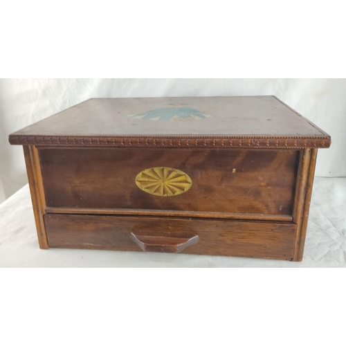 419 - Vintage needlework box and contents with lifting lid and single drawer.