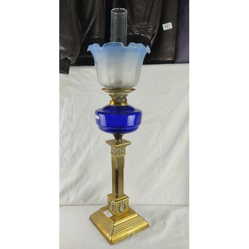 420 - Victorian brass oil lamp with ornate column base and cobalt blue glass font, featuring an etched gla... 