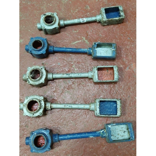 428 - Set of five vintage metal conduit fittings, with circular and rectangular apertures. Some marked wit... 