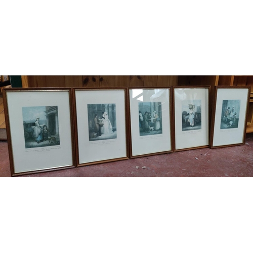 430 - Set of five framed vintage prints features 19th-century street scenes, signed by artist George Cruik... 