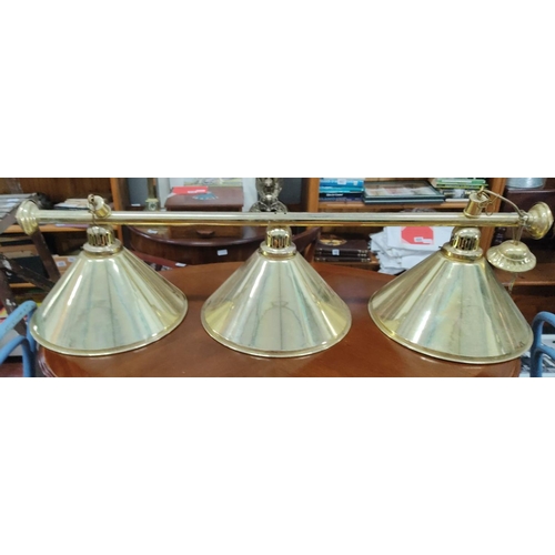 439 - Vintage brass triple-light billiard/desk lamp, featuring three conical shades and classic accents.