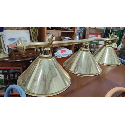 439 - Vintage brass triple-light billiard/desk lamp, featuring three conical shades and classic accents.