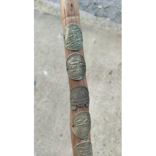 442 - Vintage wooden walking stick adorned with various tourist badges. Made from hardwood, featuring meta... 