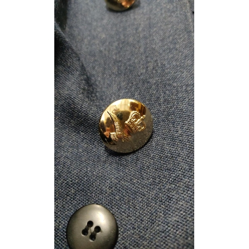 450 - 2 Royal Air Force uniform jackets, featuring brass buttons with crown and eagle insignia. Dark blue ... 