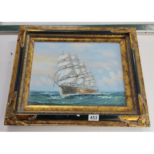 453 - Oil painting of a sailing ship, framed in an ornate gold frame, depicting a maritime scene with a dy... 