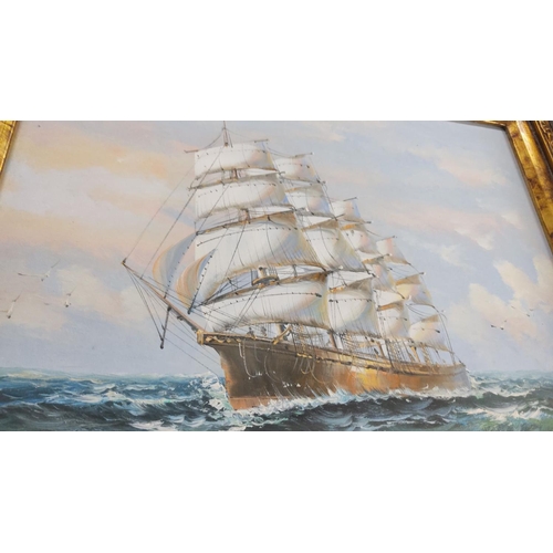 453 - Oil painting of a sailing ship, framed in an ornate gold frame, depicting a maritime scene with a dy... 