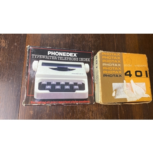 341 - Phonedex typewriter-style telephone index. Photax 401 slide viewer in teal and grey, boxed.