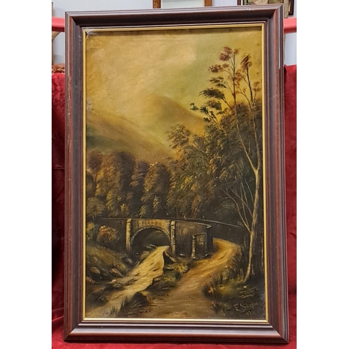 84 - An original oil on canvas painting, showing a bridge over a river, signed E Smythe & dated 1923.