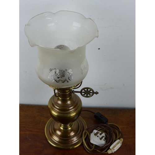 14 - A vintage brass oil lamp and shade converted to electric.