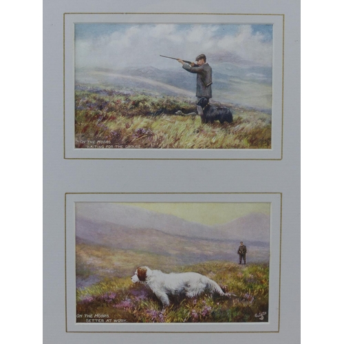 15 - Two framed antique postcards depicting hunting scenes in Ireland, 'On the Moors waiting for the grou... 