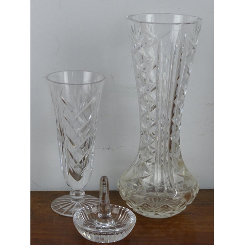 16 - Three pieces of cut glass and crystal to include a footed Waterford crystal vase.