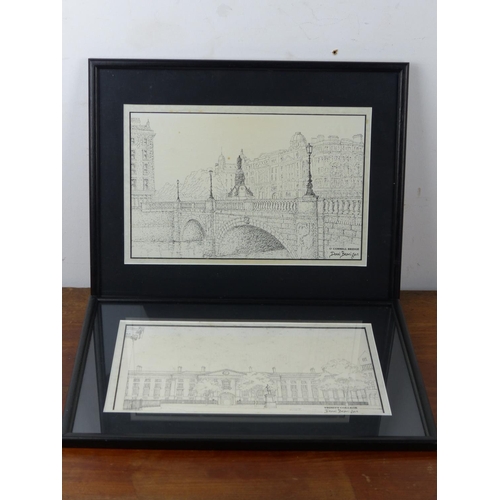 27 - Two framed Irish prints of O'Connell Bridge and Trinity College by Donal Branigan