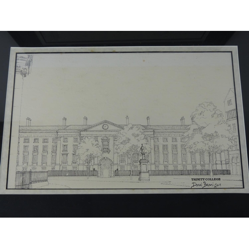 27 - Two framed Irish prints of O'Connell Bridge and Trinity College by Donal Branigan