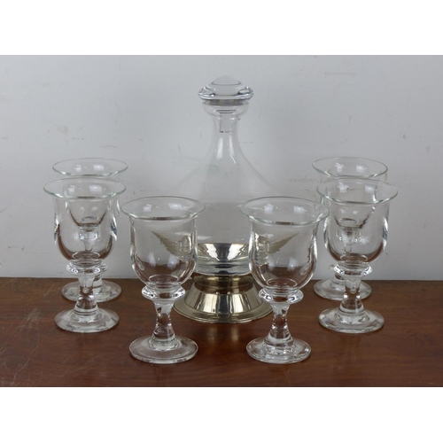 38 - A vintage glass carafe / decanter with conical base on silver plate stand accompanied by a stunning ... 