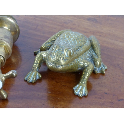 9 - An assortment of vintage brass items to include a frog match holder, a pair of 'hot' and 'cold' fauc... 