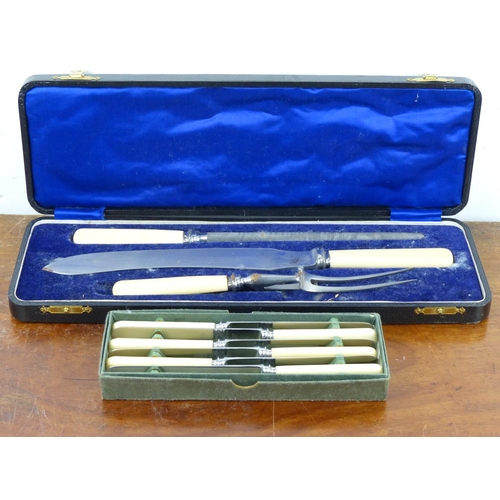 121 - A cased carving set & set of knives.