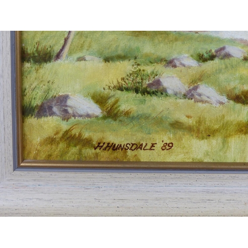 131 - An original oil on board painting of a Country Landscape, signed, H Hunsdale, dated 1989, measuring ... 