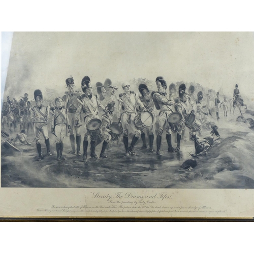 135 - A large framed engraving, 'Steady the Drums & Fifes', 
 from a painting by Lady Butler, measuring 56... 