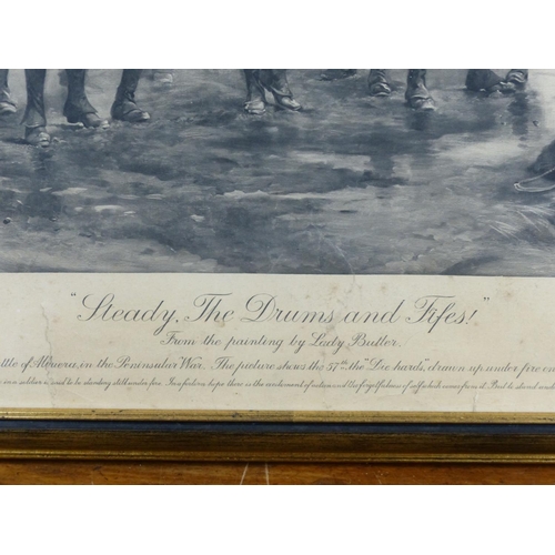 135 - A large framed engraving, 'Steady the Drums & Fifes', 
 from a painting by Lady Butler, measuring 56... 