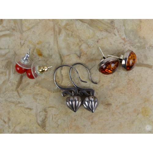 246 - 3 pairs of earrings to include sterling silver, amber & more.