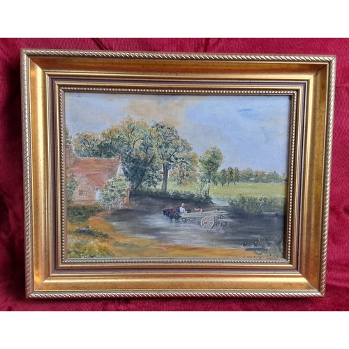 171 - A framed oil on board painting of a farming scene, signed by the Artist, Blacker. Measures 32x38cm.