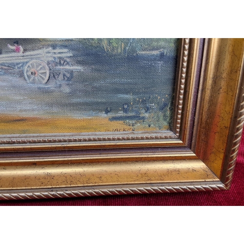 171 - A framed oil on board painting of a farming scene, signed by the Artist, Blacker. Measures 32x38cm.