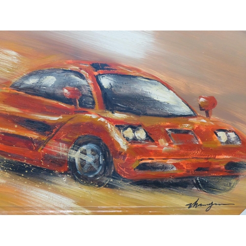 289 - A large unframed canvas of a race car, signed to the corner by the Artist.