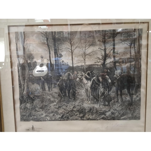 338 - A large antique print of soldiers, signed.