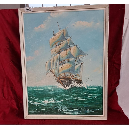 448 - A large framed painting of a galleon ship, signed by the Artist. Measuring 62x48cm.