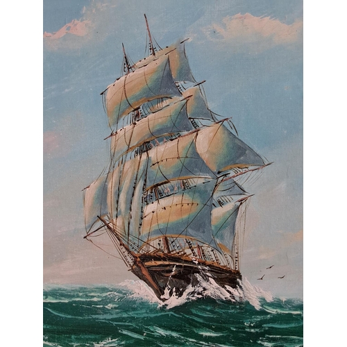 448 - A large framed painting of a galleon ship, signed by the Artist. Measuring 62x48cm.