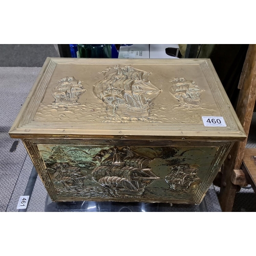 460 - A vintage/ retro brass bound fireside storage box.