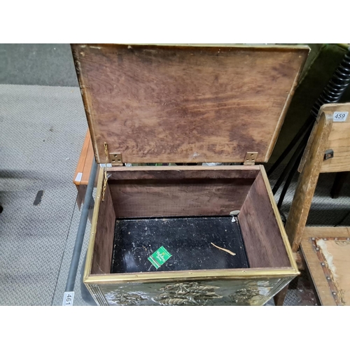 460 - A vintage/ retro brass bound fireside storage box.