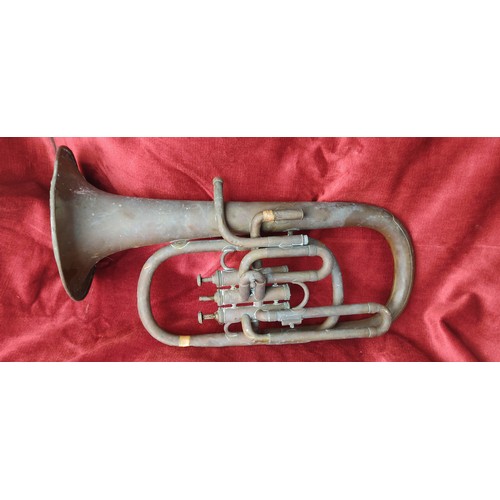 132 - An antique 1st Class - Hawkes & Sons Baritone horn (a/f).