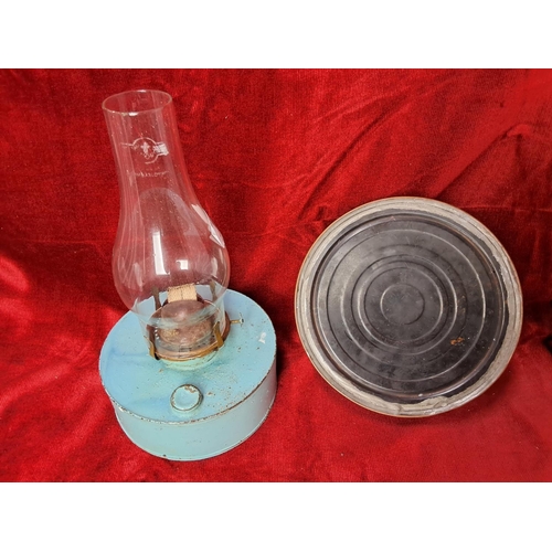 14 - A vintage oil lamp & copper hot water bottle.