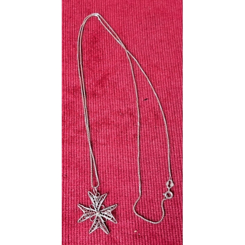 71 - A decorative vintage Sterling Silver Filigree Maltese cross on chain. Weighing 3.11 grams.