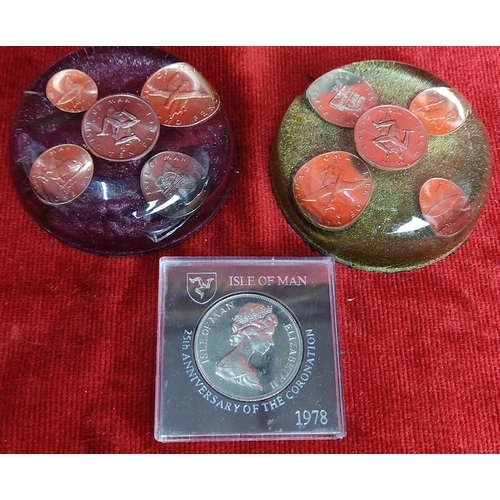 135 - 2 vintage coin paperweights & a Isle of Man commemorative Crown coin.