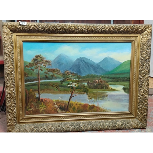 137 - A stunning original oil on canvas painting of a country house scene, in gilt frame. Measuring 84cm x... 