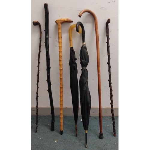 166 - A collection of 5 walking  sticks & 2 umbrellas.