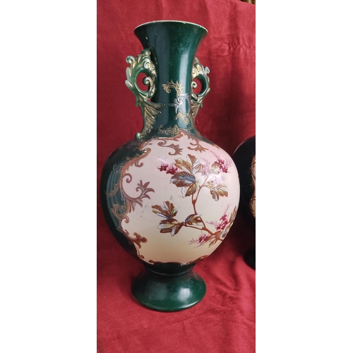 186 - A pair of stunning antique hand painted vases, each measuring 46cm tall. One has signs of old repair... 