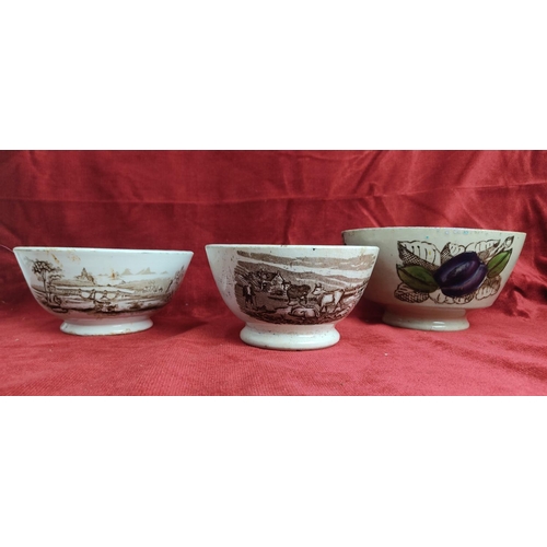 188 - A collection of 3 antique transferware bowls, to include 2 'Cow bowls' & a large hand painted piece.