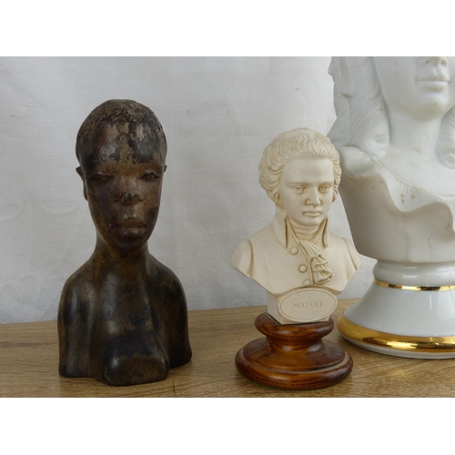 295 - An assortment of bust to include an hand carved African bust (approx 14cm), a Mozart Bust (approx 12... 