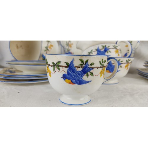 65 - A stunning vintage Aynsley teaset, decorated with bluebirds.